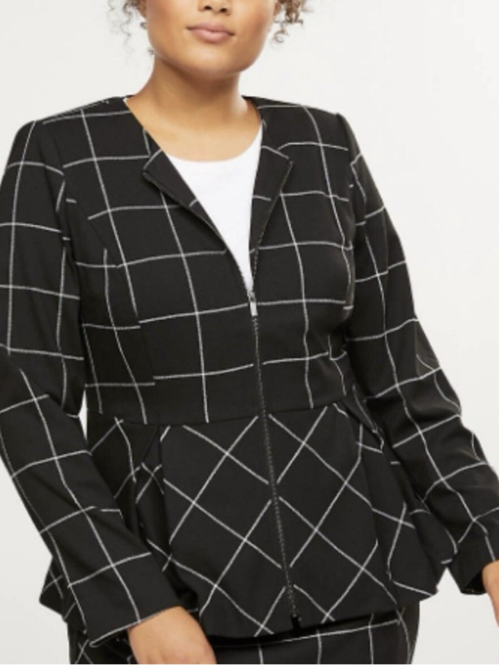 Lane Bryant Black Windowpane Zip Peplum Jacket
